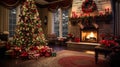 Festive Living Room: Cozy Fireplace, Colorful Decor & Presents Royalty Free Stock Photo