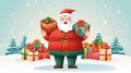 Joyful Christmas Celebration: Santa Holding Festive Gift Box with Merry Christmas and Happy New Year Decorations. Royalty Free Stock Photo