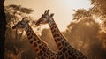 Capture the mesmerizing beauty of two giraffes against the golden hues of the savannah Royalty Free Stock Photo