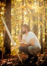 Capture moment. Bearded man painter looking for inspiration autumn nature. Drawing from life. Painter artist forest. Art Royalty Free Stock Photo
