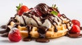 Capture a mouthwatering and exquisite close-up photograph of Belgium waffles with chocolate sauce, ice cream and strawberries