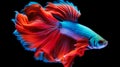 Capture the moving moment of red blue siamese fighting fish on black background.