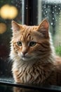 Rainy Day Blues: Sad Orange Cat by the Window Royalty Free Stock Photo