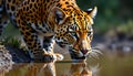 Capture a powerful moment of a leopard drinking from a polluted puddle, its distorted reflection Royalty Free Stock Photo