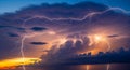 Lightning Storm at Sunset Dramatic Sky and Thunderbolts Royalty Free Stock Photo