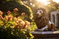 Majestic Bronze Lion Statue on Marble Podium, Surrounded by Lush Greenery and Vibrant Flowers
