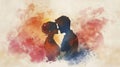 Capture a romantic moment in a prewedding style with a frontal view depicting the couples love in a warm soft watercolor