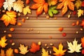 Rustic Autumn Essence: Leaves Frame on Wooden Background with Versatile Space