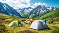 Capture the Serene Beauty of a Mountain Campsite Nestled at the Base of Majestic, Snow-Capped Peaks