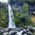 Capture the serene beauty of nature with this captivating image of a cascading waterfall