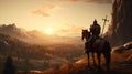 Knight\'s Golden Reverie: Horseback View of the Valley at Sunset