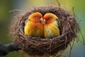 Capture the serene sight of two birds nestled together in their cozy little nest, showcasing the true essence of companionship in