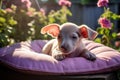 Tranquil Piglet: Adorable Pink Collar Piglet Basking in Sunlit Garden