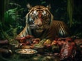 Bengal tiger eating their fresh meat