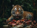 Bengal tiger eating their fresh meat