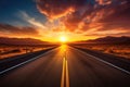 Capture the stunning sight of the setting sun casting a beautiful golden glow over a road in the middle of the desert, An open Royalty Free Stock Photo