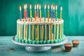 A sumptuous photograph of a delectable striped buttercream birthday cake, decorated with colorful candles and sprinkles,