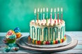 Capture a sumptuous photograph of a delectable striped buttercream birthday cake,