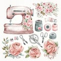Timeless Beauty: Vintage Sewing Machine Kits and Watercolor Flower Illustration AI Generated