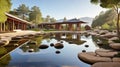 Capture the tranquility of a lakeside meditation retreat, with reflection ponds, peaceful monks, and serene natural beauty