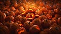 Halloween photo zone  - a pile of pumpkins with carved faces Royalty Free Stock Photo