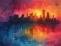 vibrant cityscape painting of new york city skyline at sunset with bold colors and a shimmering reflection on the water
