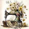 Vintage Charm Meets Artistic Flair: Sewing Machine and Floral Watercolor AI Generated