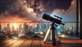 Urban Stargazing: Telescope on High-Rise Balcony Overlooking Cityscape at Twilight, AI Generated Royalty Free Stock Photo