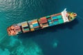 view from above, container cargo ship in open sea, international trade commercial shipping