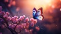 Captured Beauty: A Butterfly\'s Rest among Pink Petals and Blue W