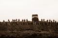 Captured by enemy concept. Military silhouettes and crowd on war fog sky background. World War Soldiers and armored vehicles