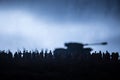 Captured by enemy concept. Military silhouettes and crowd on war fog sky background. World War Soldiers and armored vehicles