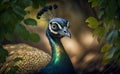 Portrait of beautiful yellow peacock in a blurred green forest background in morning, generative AI