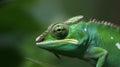 Green colored chameleon catching insect, slow motion, close up