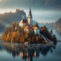 A misty morning at Bled Island, with castle in the backdrop