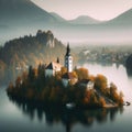 A misty morning at Bled Island, with castle in the backdrop