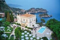 Drone-shot panoramic view of Isola Bella in Giardini Naxos - Taormina Messina Royalty Free Stock Photo