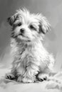 Captured in a soft grey light, this young, soulful-eyed puppy black and white fur