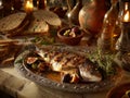 Top-down Roman garum fish meal with period authentic tableware Royalty Free Stock Photo