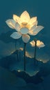 White lotus flower glowing softly against a deep blue watery backdrop with other lotuses and leaves in shadow Royalty Free Stock Photo