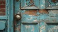 captures a close-up of a weathered blue door with peeling paint. The texture of the worn paint and the vibrant blue Royalty Free Stock Photo