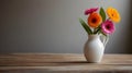 Elegance in Simplicity: Single Vibrant Flower in a White Vase on a Wooden Surface, Generative AI