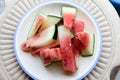 Yummy seedless Water Melon slices decorated on the white plate. Royalty Free Stock Photo