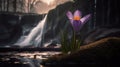 Capturing The Beauty Of Waterfall And Crocus Flower At Sunrise In The Style Of Michal Karcz And Felicia Simion