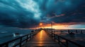 Capturing the Dramatic Stormy Sky Above a Pier as Evening Falls. Generative AI