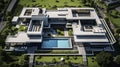 Capturing the essence of forward-thinking living, this futuristic home design, seen from a captivating drone view