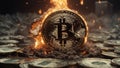 Bitcoin currency with fire superimposed on banknotes