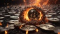 Bitcoin currency with fire superimposed on banknotes