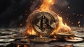 Bitcoin currency with fire superimposed on banknotes