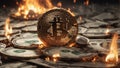 Bitcoin currency with fire superimposed on banknotes